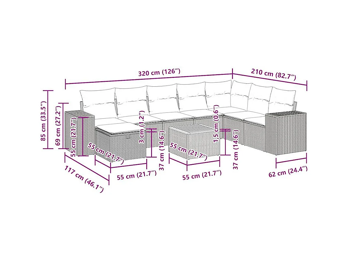 Salon de jardin avec coussins 9 pcs beige résine tressée