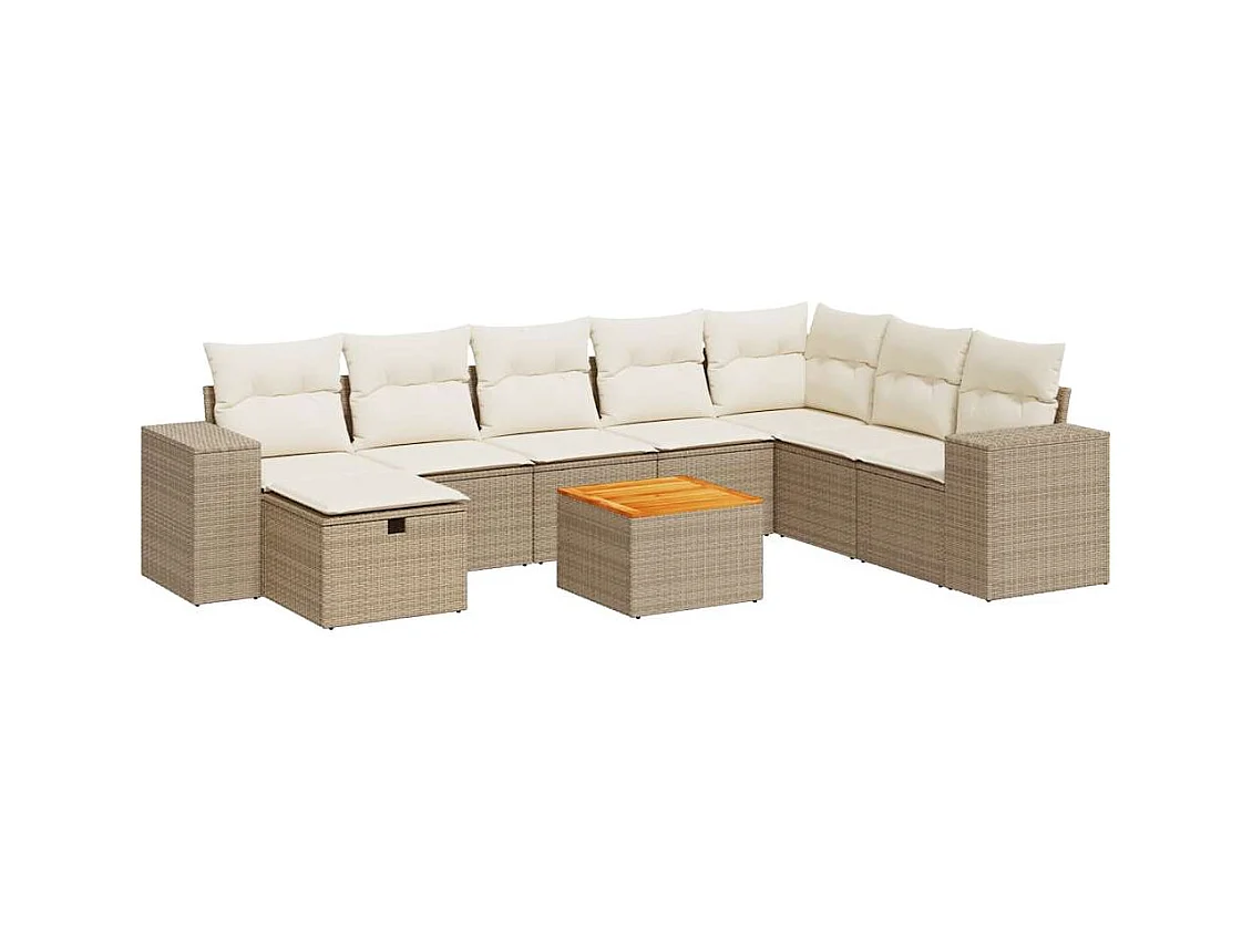 Set Divano da Giardino 9 pz con Cuscini Beige in Polyrattan