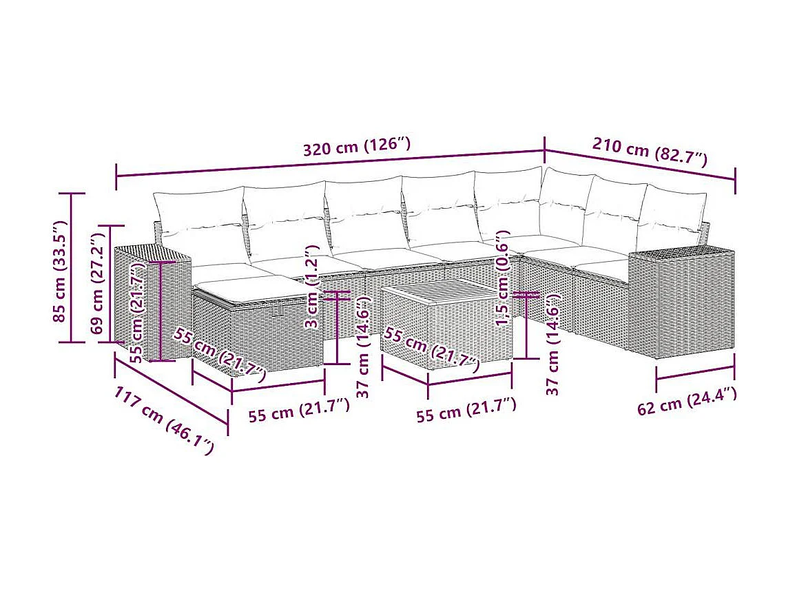 9-tlg. Garten-Sofagarnitur mit Kissen Beige Poly Rattan
