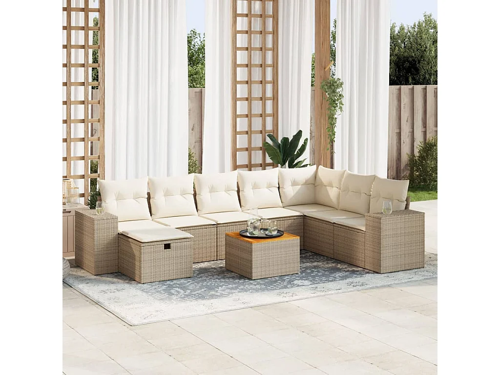9-delige Loungeset met kussens poly rattan beige