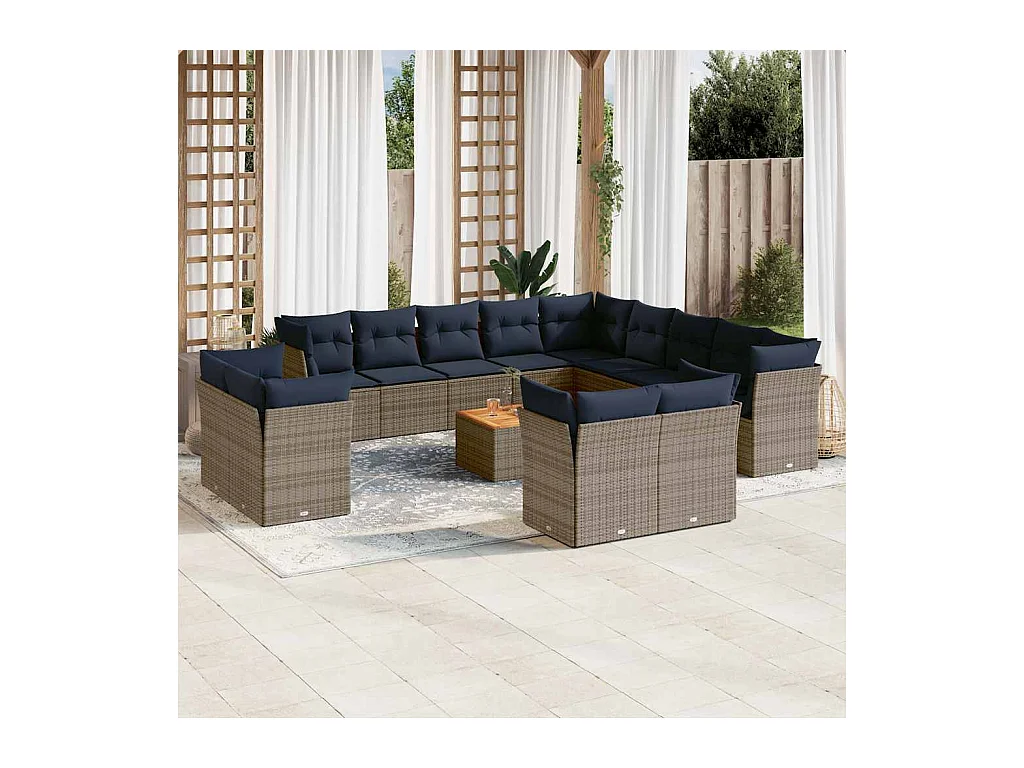 Set Divani da Giardino 14pz con Cuscini in Polyrattan Grigio