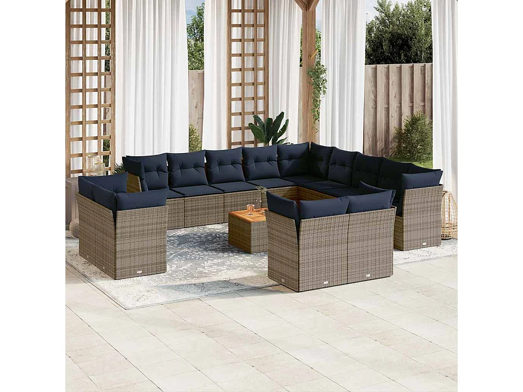 14-tlg. Garten-Sofagarnitur mit Kissen Grau Poly Rattan