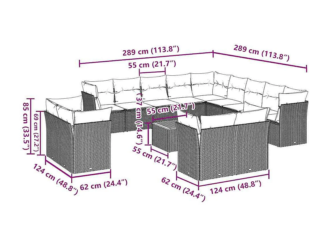14-tlg. Garten-Sofagarnitur mit Kissen Grau Poly Rattan