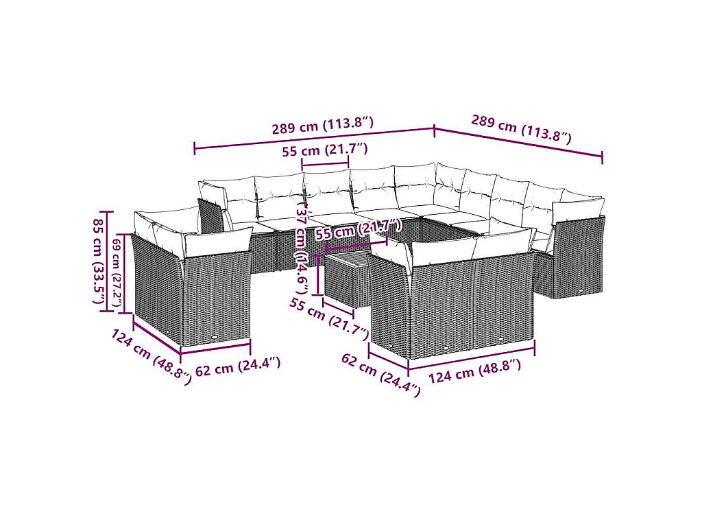 14-tlg. Garten-Sofagarnitur mit Kissen Grau Poly Rattan