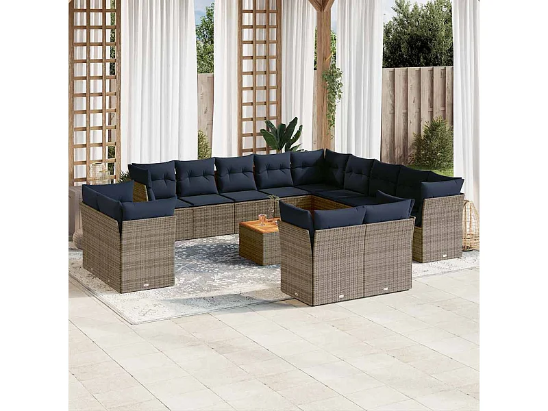 Set Divani da Giardino 14pz con Cuscini in Polyrattan Grigio
