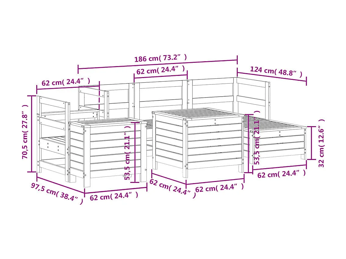 Set Divani da Giardino 7 pz Bianco in Legno Massello di Pino