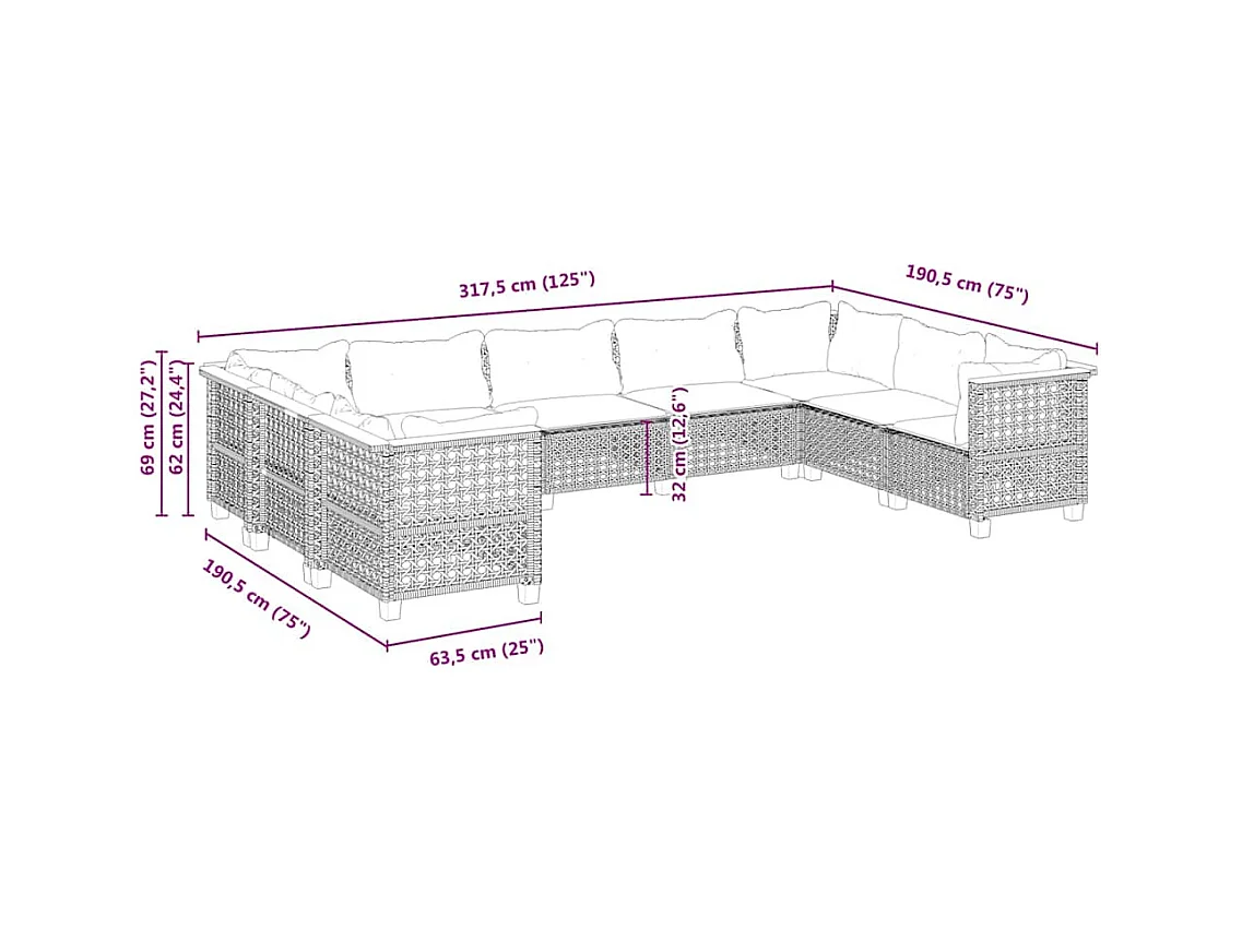Salon de jardin avec coussins 9 pcs beige résine tressée