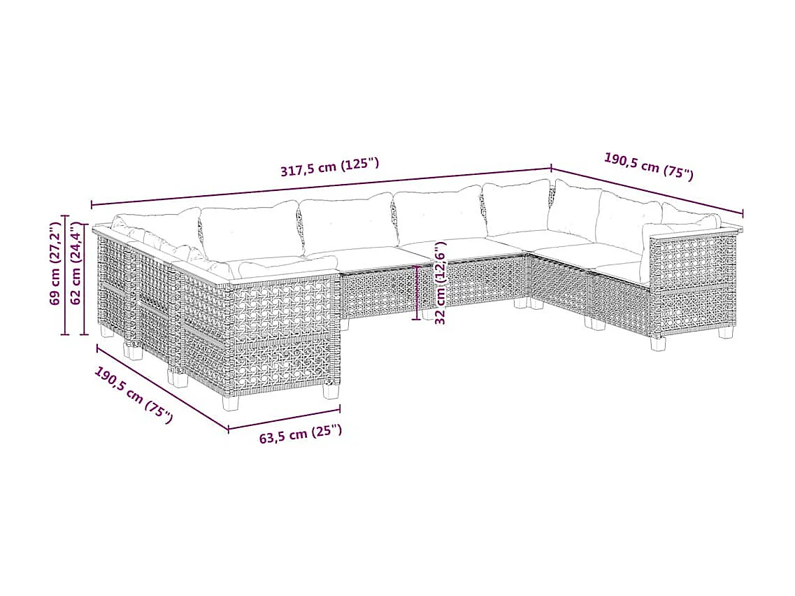 Salon de jardin avec coussins 9 pcs beige résine tressée