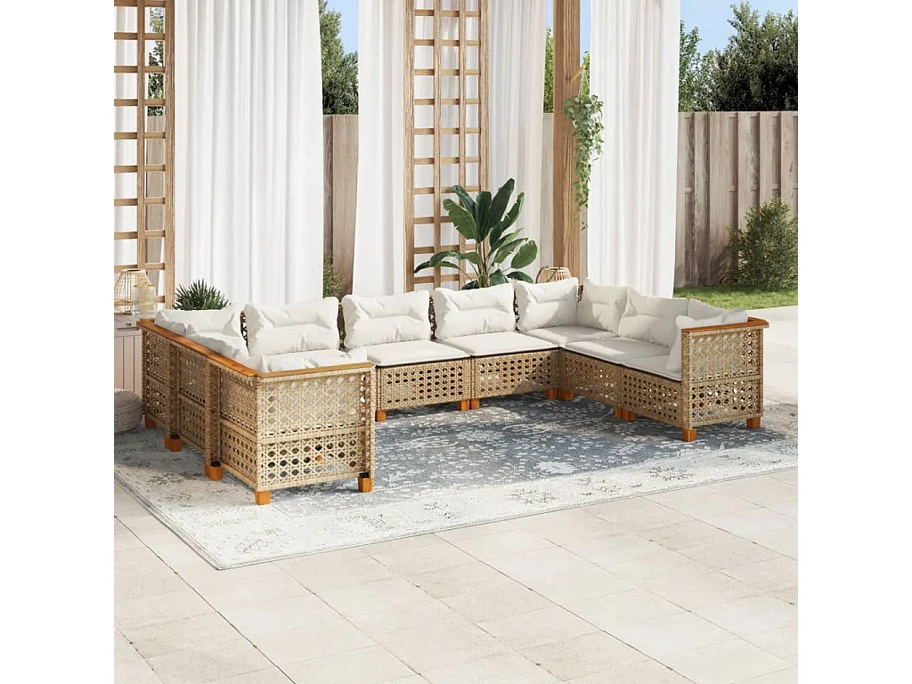 9-tlg. Garten-Sofagarnitur mit Kissen Beige Poly Rattan