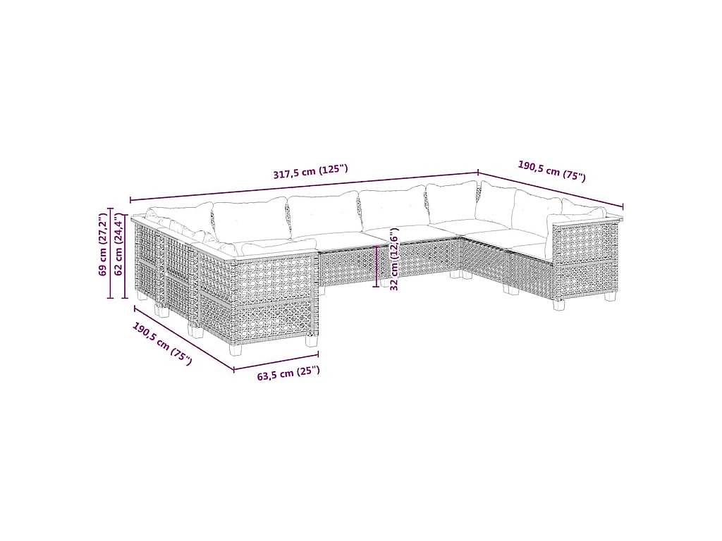 9-delige Loungeset met kussens poly rattan beige