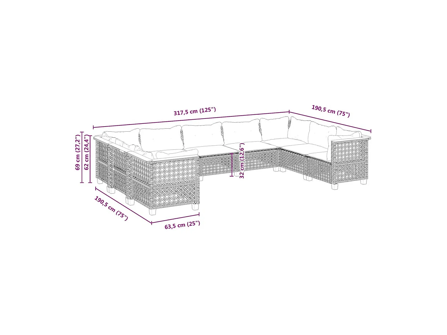9-tlg. Garten-Sofagarnitur mit Kissen Schwarz Poly Rattan
