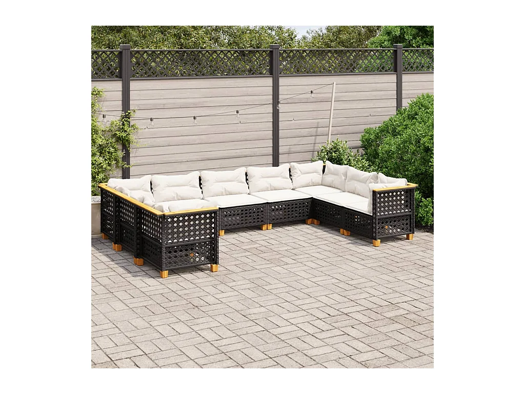 Salon de jardin 9 pcs avec coussins noir résine tressée