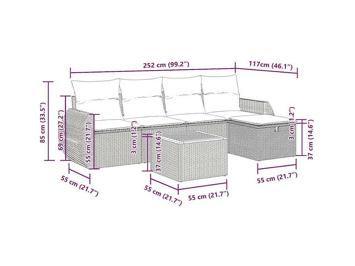 Salon de jardin avec coussins 6 pcs beige résine tressée