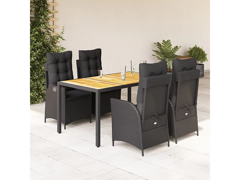 5-delige Tuinset met kussens poly rattan zwart