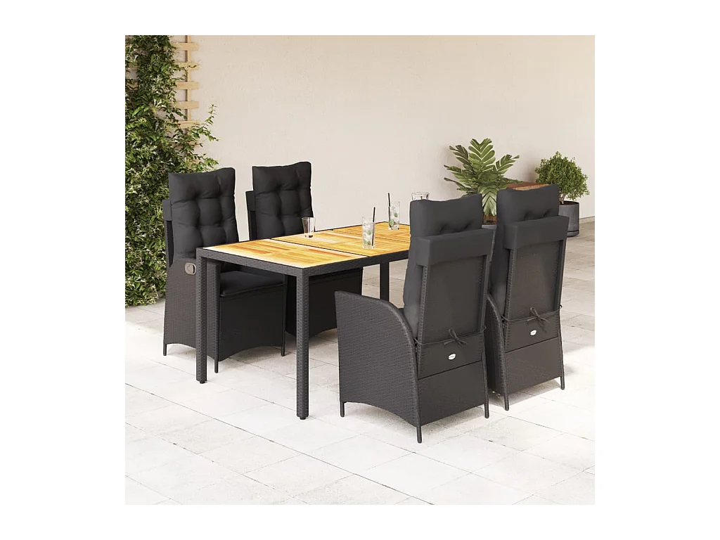 Set da Pranzo da Giardino 5 pz Nero con Cuscini in Polyrattan
