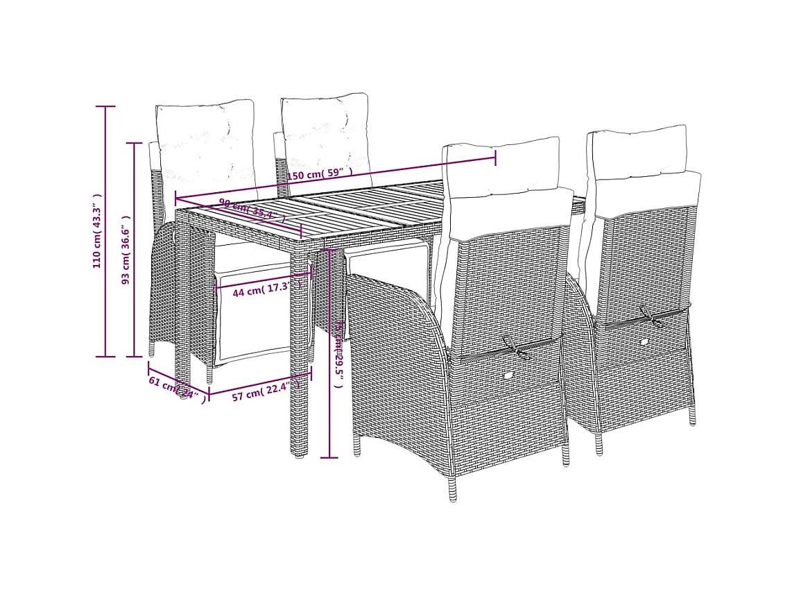 Set da Pranzo da Giardino 5 pz Nero con Cuscini in Polyrattan