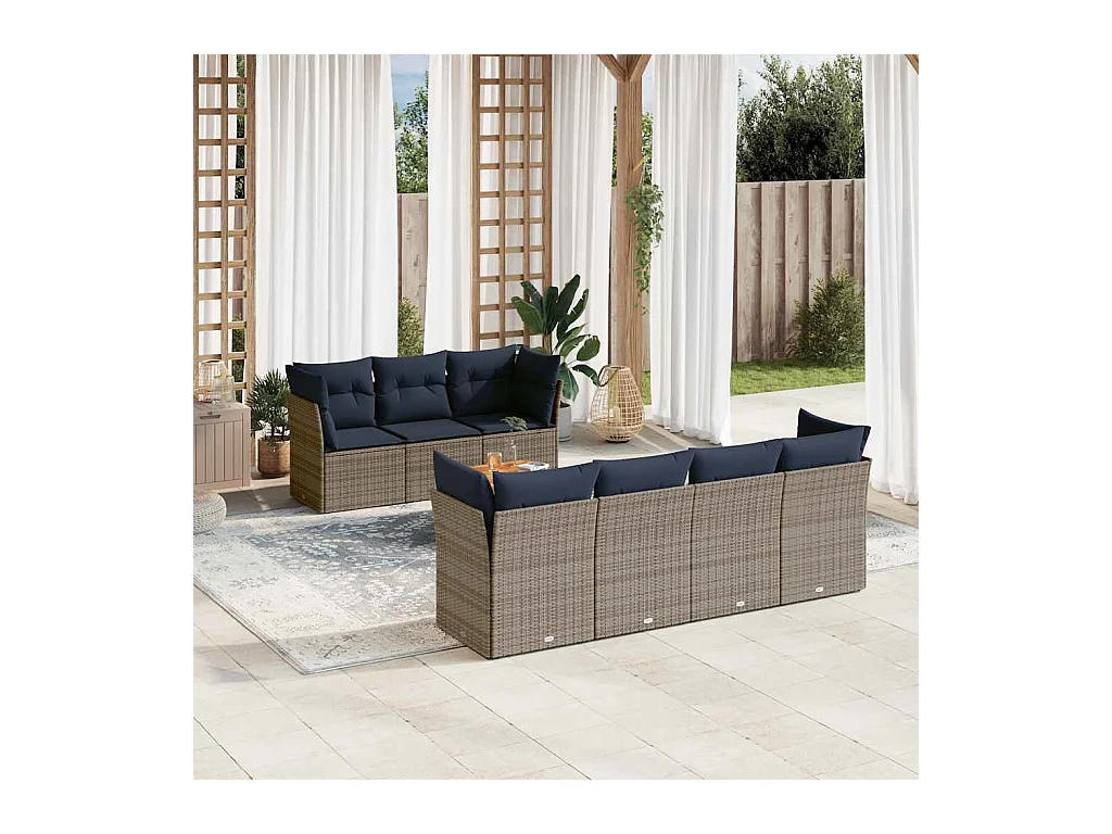 Salon de jardin 8 pcs avec coussins gris résine tressée