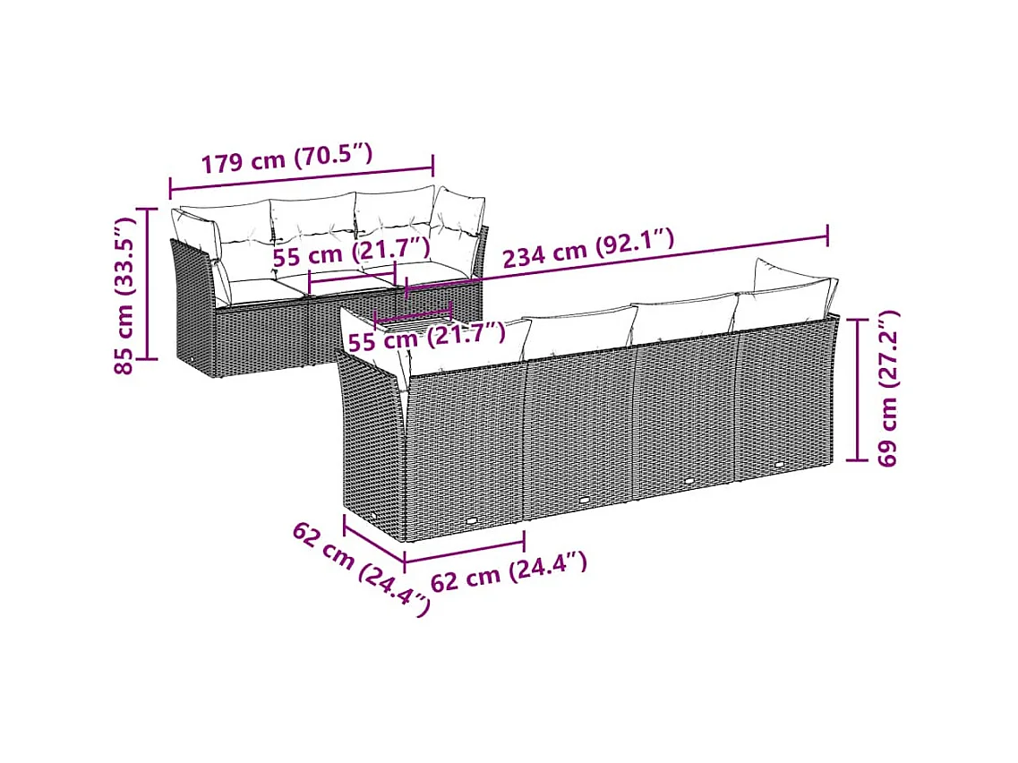 Salon de jardin 8 pcs avec coussins gris résine tressée