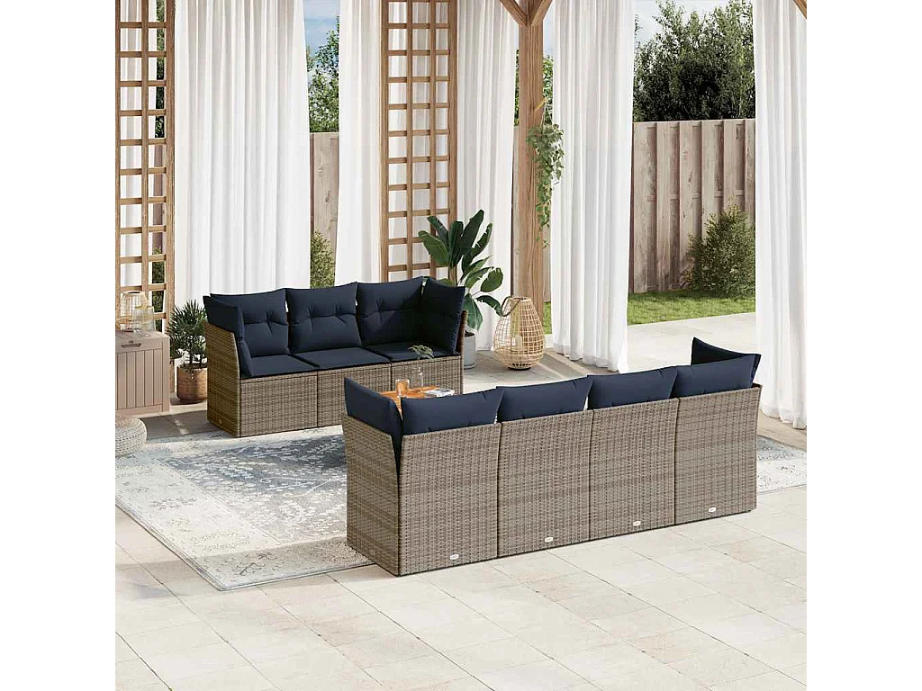8-tlg. Garten-Sofagarnitur mit Kissen Grau Poly Rattan