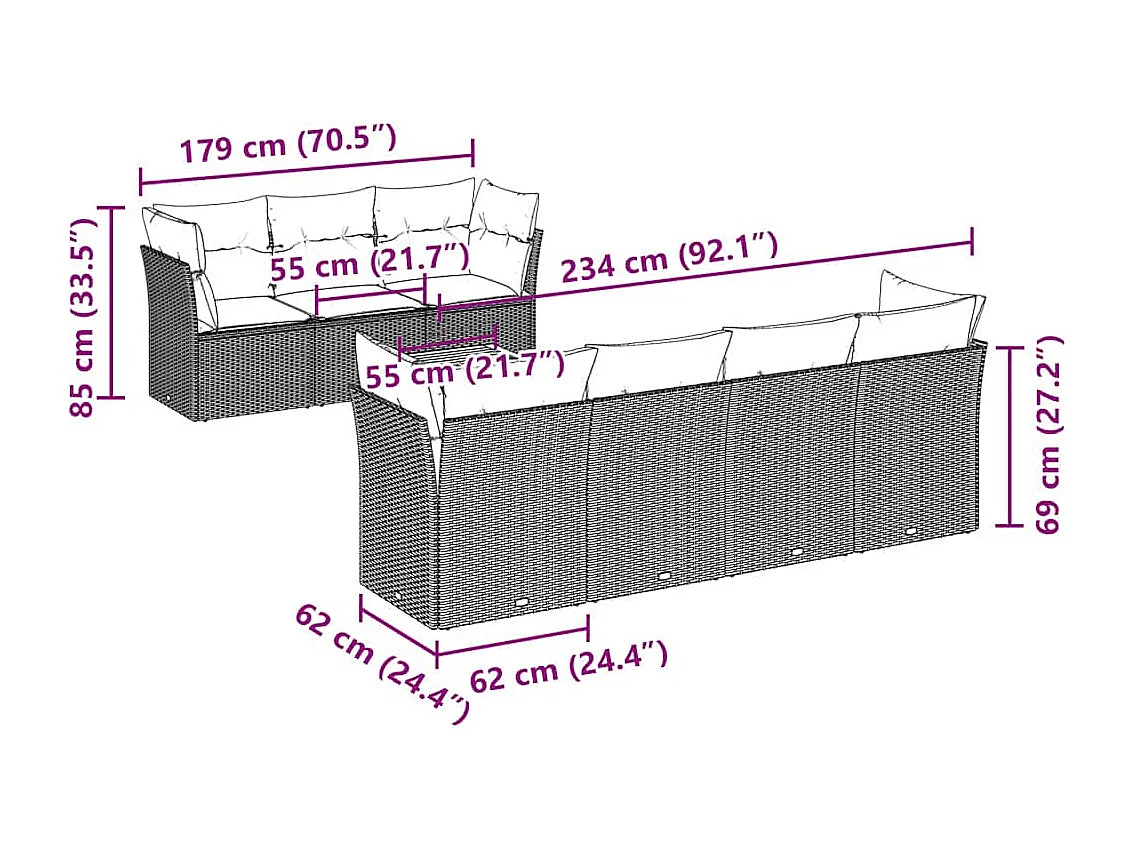 8-tlg. Garten-Sofagarnitur mit Kissen Grau Poly Rattan