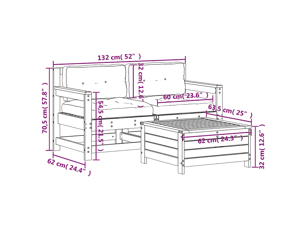 Salon de jardin 3 pcs avec coussins bois de pin imprégné