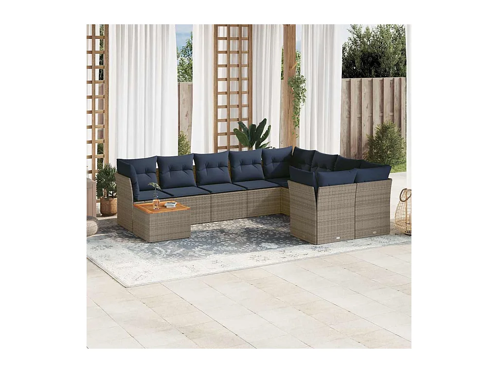 10-delige Loungeset met kussens poly rattan grijs