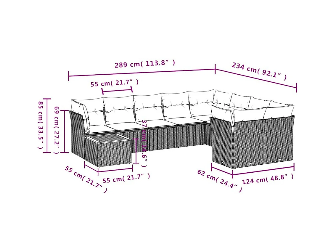 10-delige Loungeset met kussens poly rattan grijs