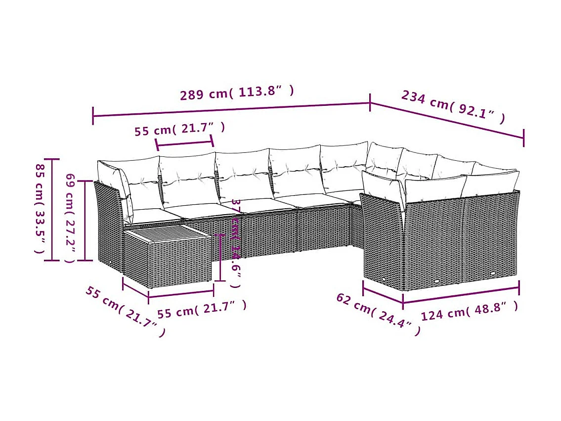 Salon de jardin 10 pcs avec coussins gris résine tressée