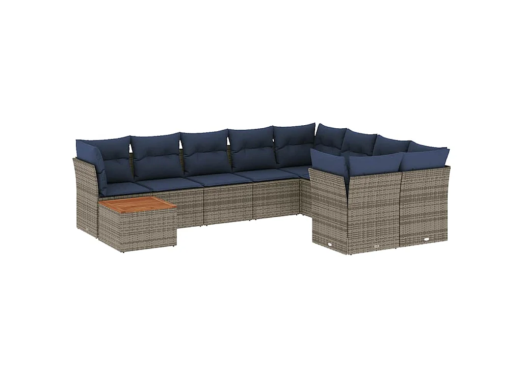 10 pcs conjunto sofás p/ jardim c/ almofadões vime PE cinzento
