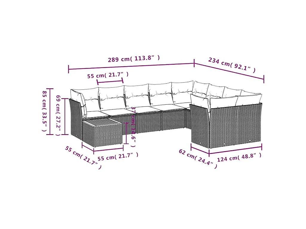 10 pcs conjunto sofás p/ jardim c/ almofadões vime PE cinzento