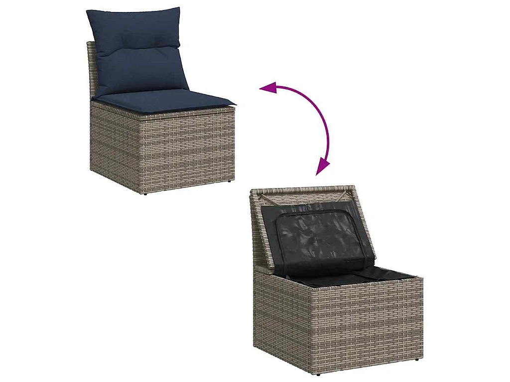 10 pcs conjunto sofás p/ jardim c/ almofadões vime PE cinzento