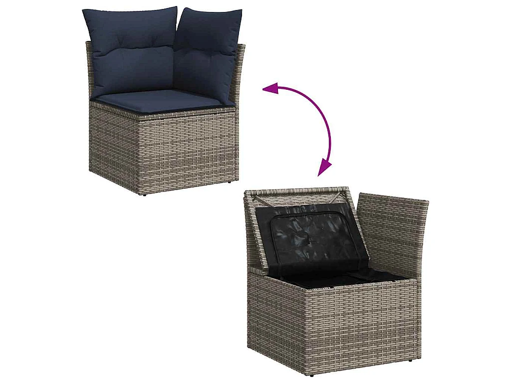 10 pcs conjunto sofás p/ jardim c/ almofadões vime PE cinzento