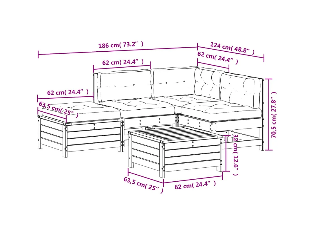 Set Divani da Giardino 5pz con Cuscini Legno Impregnato di Pino
