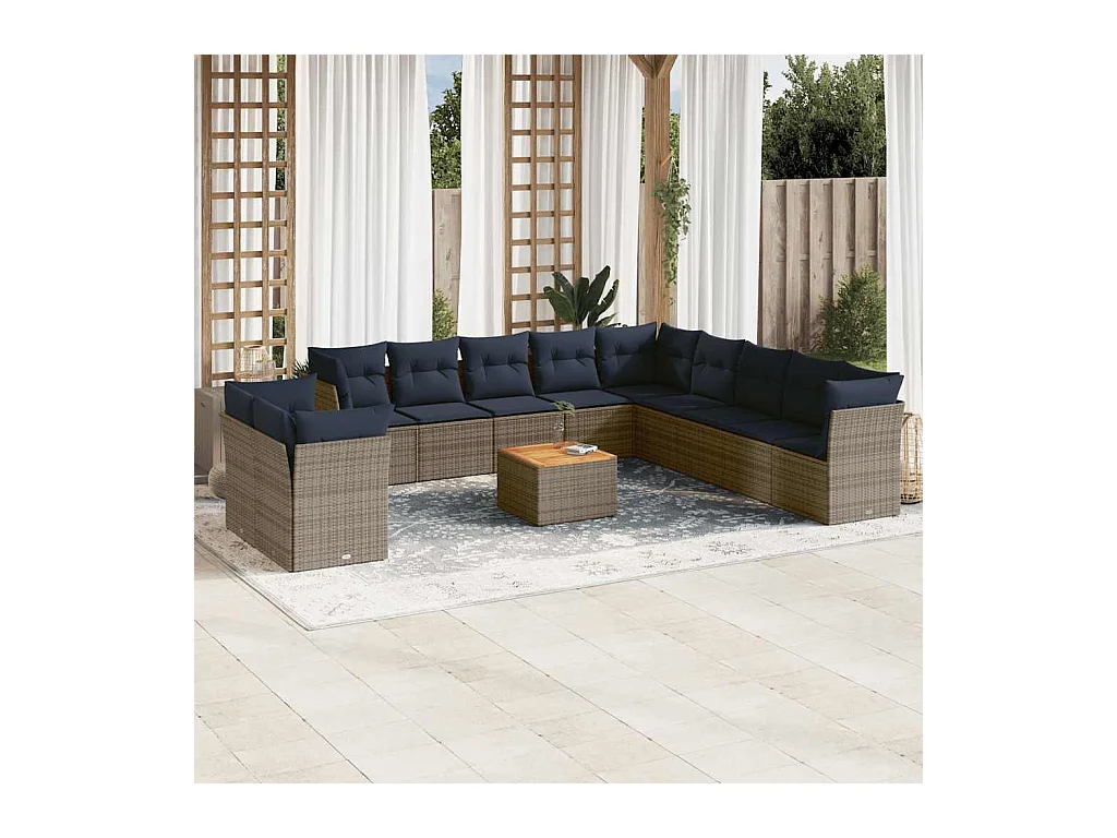 Salon de jardin avec coussins 12 pcs gris résine tressée