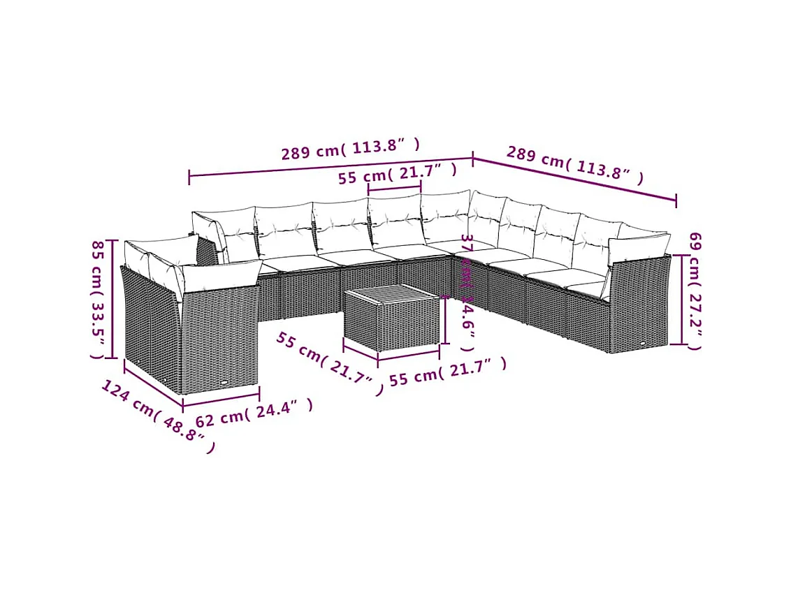 Salon de jardin avec coussins 12 pcs gris résine tressée