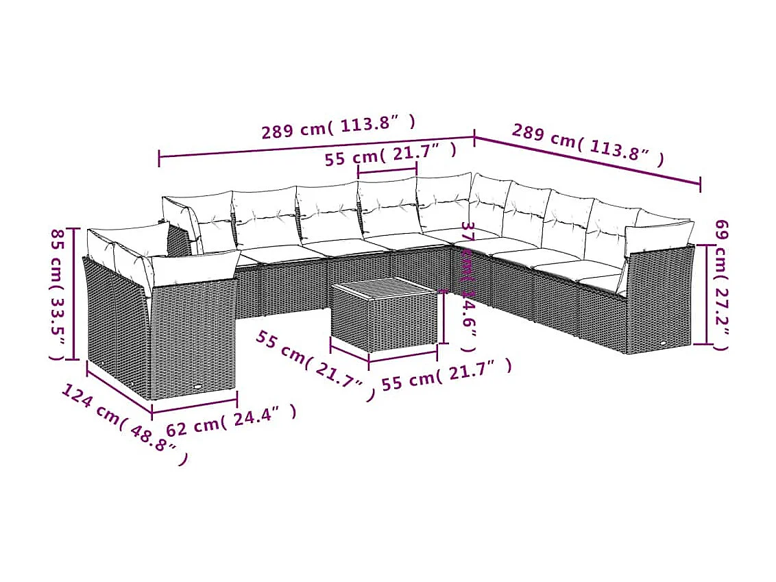 Salon de jardin avec coussins 12 pcs gris résine tressée