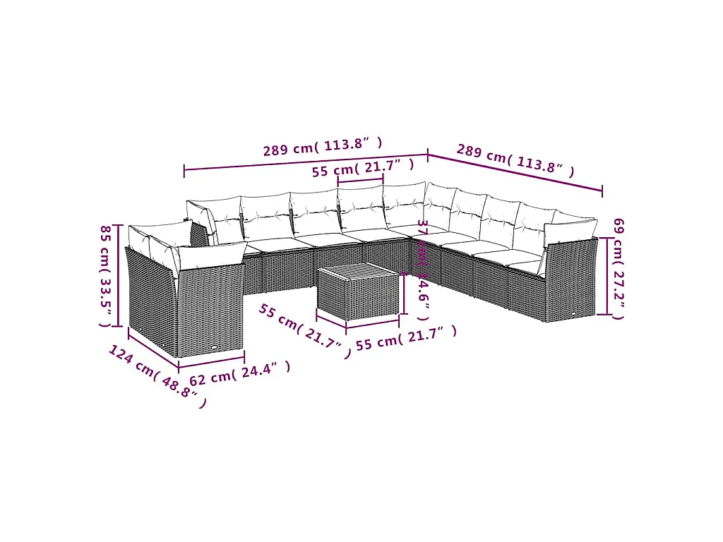 12-delige Loungeset met kussens poly rattan grijs