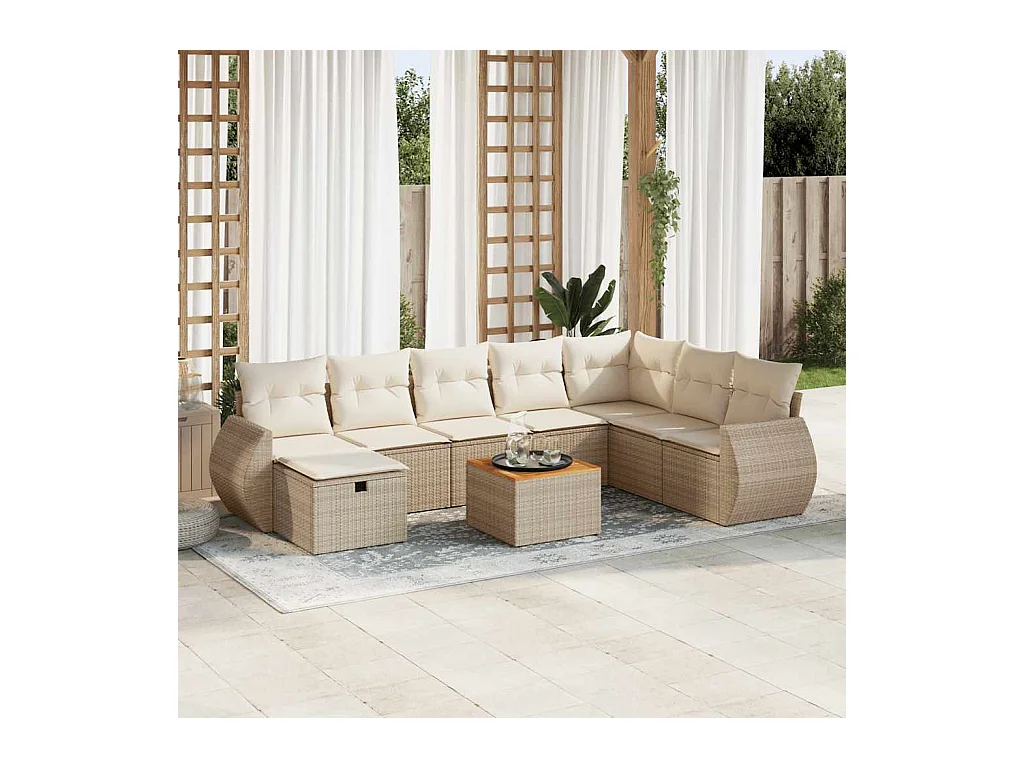 Set Divano da Giardino 9 pz con Cuscini Beige in Polyrattan