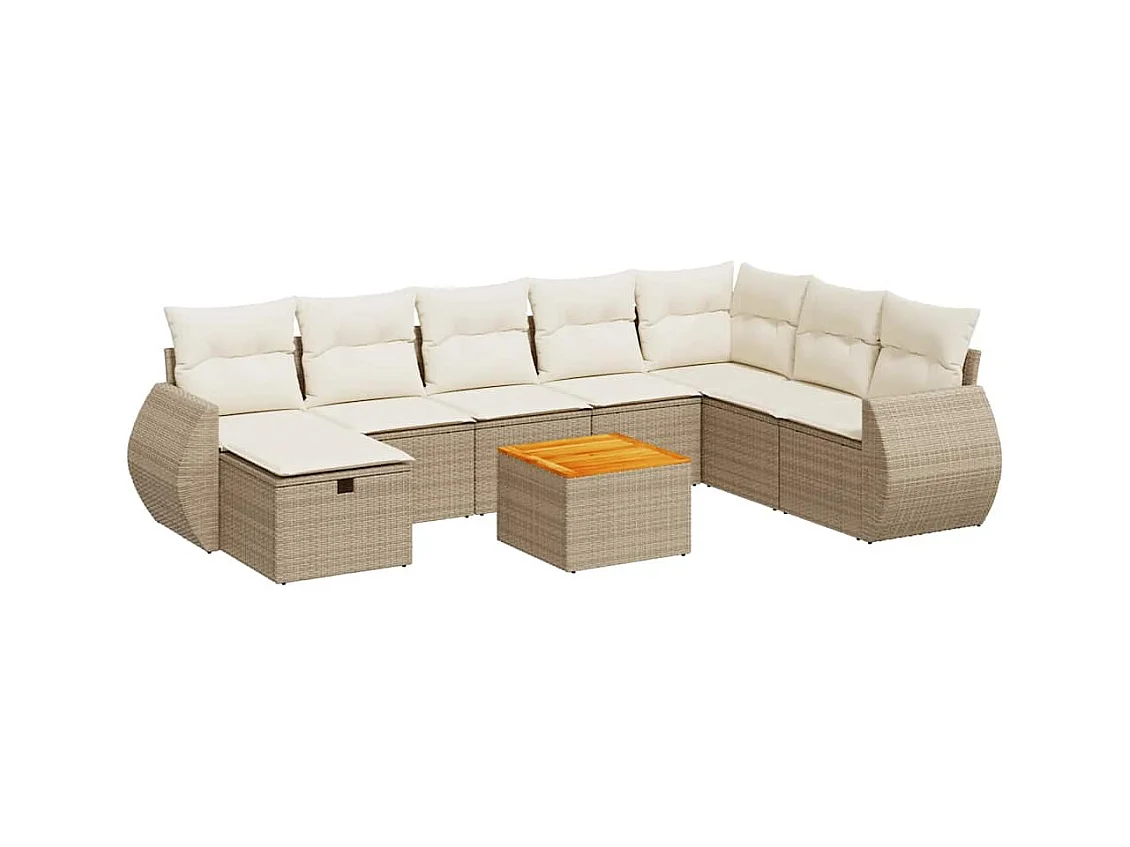 Set Divano da Giardino 9 pz con Cuscini Beige in Polyrattan