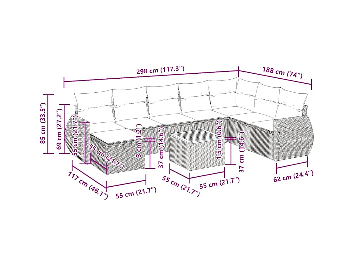 Set Divano da Giardino 9 pz con Cuscini Beige in Polyrattan
