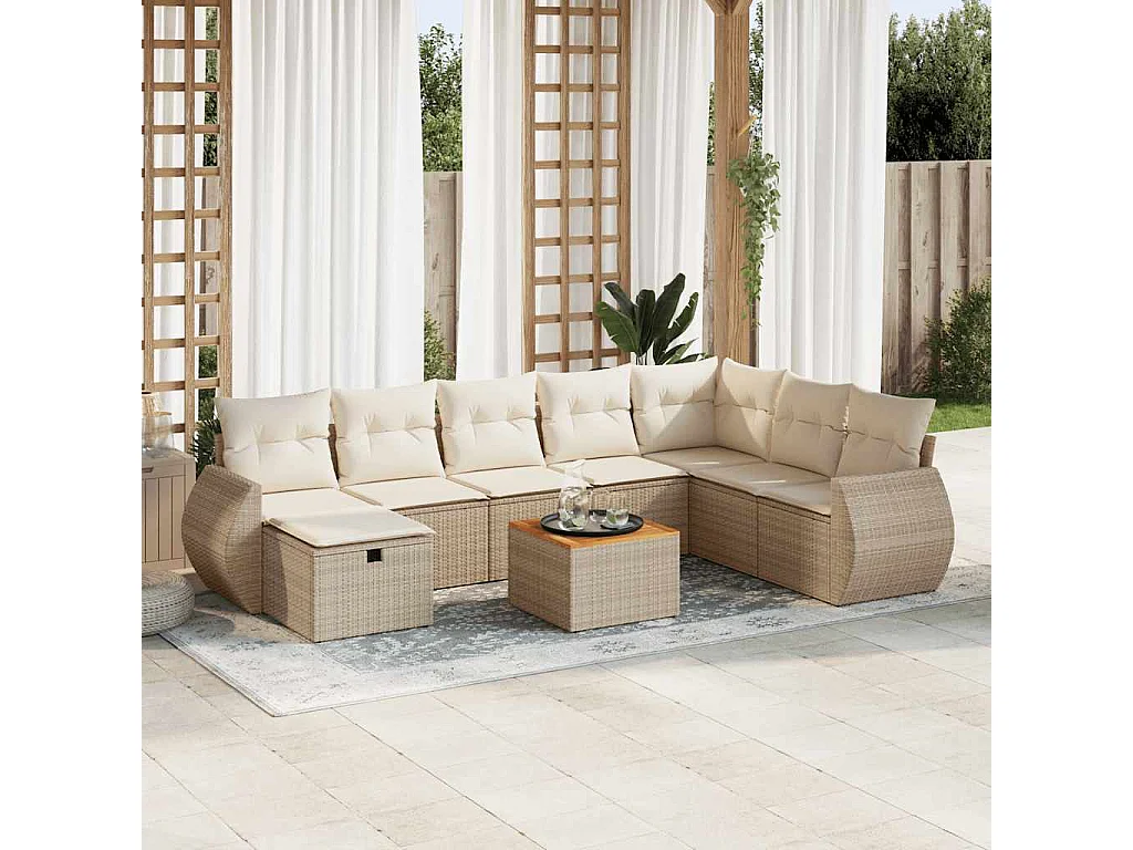 Salon de jardin avec coussins 9 pcs beige résine tressée