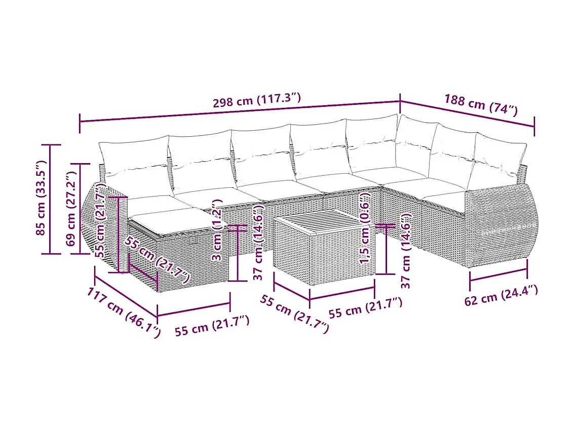 Salon de jardin avec coussins 9 pcs beige résine tressée
