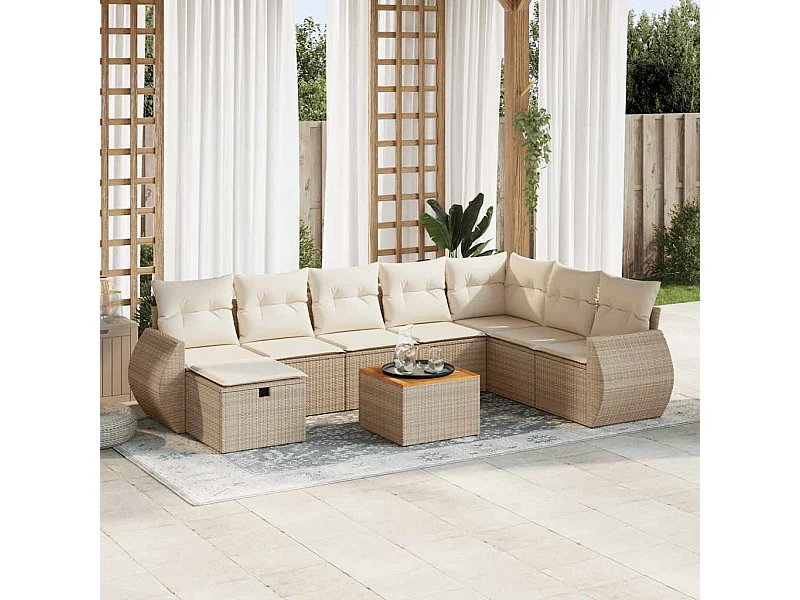 Salon de jardin avec coussins 9 pcs beige résine tressée