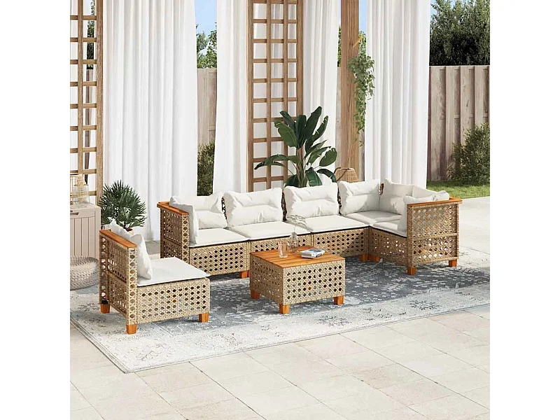 7-delige Loungeset met kussens poly rattan beige