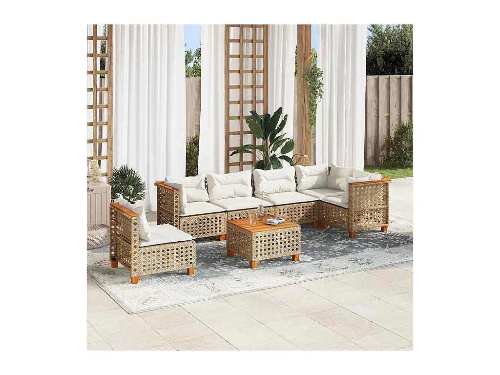 Salon de jardin avec coussins 7 pcs beige résine tressée