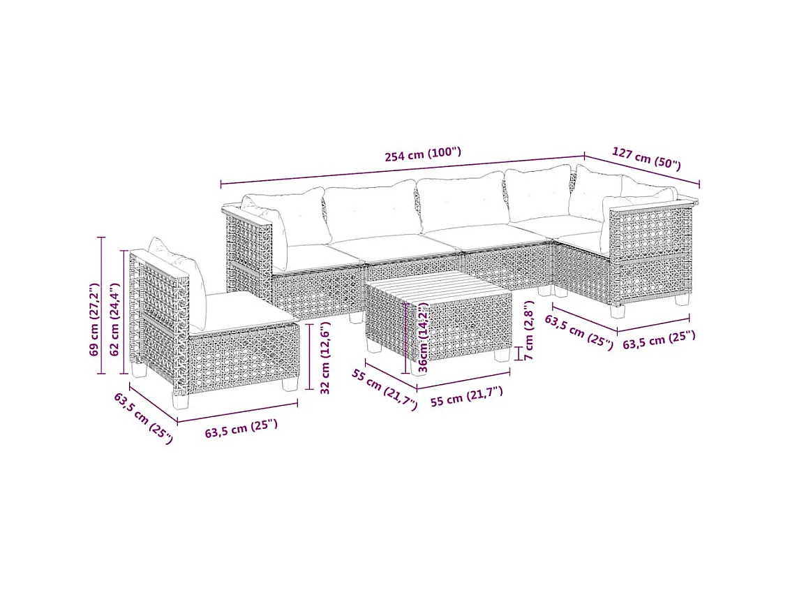 Salon de jardin avec coussins 7 pcs beige résine tressée
