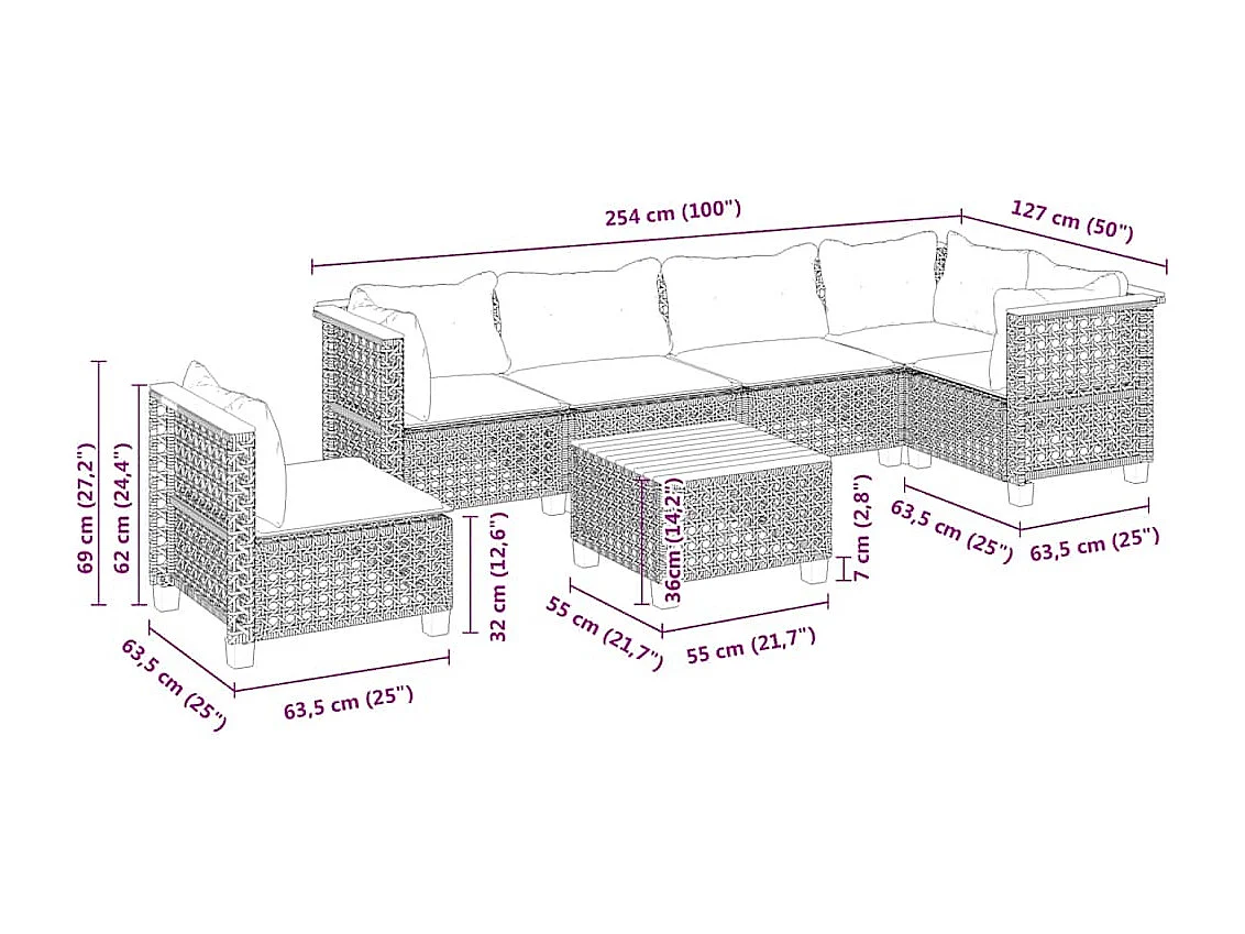 Salon de jardin avec coussins 7 pcs beige résine tressée