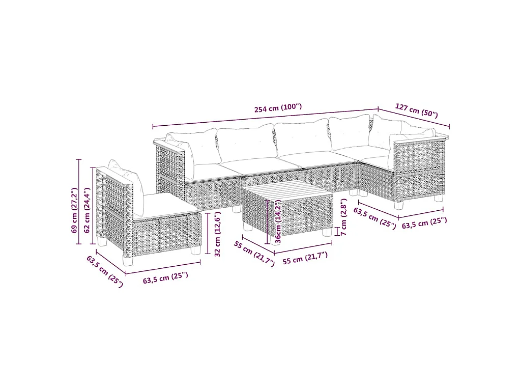 Salon de jardin avec coussins 7 pcs beige résine tressée