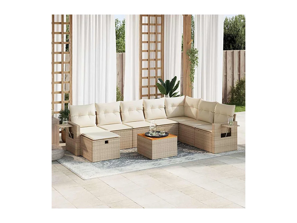 Set Divano da Giardino 9 pz con Cuscini Beige in Polyrattan