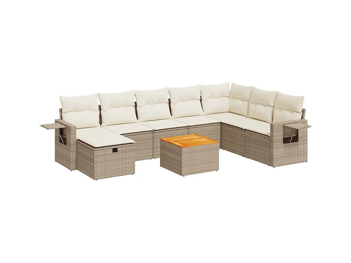 Set Divano da Giardino 9 pz con Cuscini Beige in Polyrattan